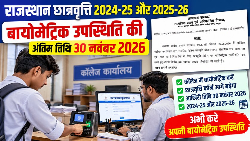 राजस्थान छात्रवृत्ति 2024-25 और 2025-26: बायोमेट्रिक उपस्थिति की अंतिम तिथि 30 नवंबर 2026